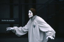 France, Ile de France, Paris, Mime artist dressed as a clown performing in Les Halles Beauborg outside the George Pompidou Centre.