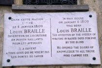 France, Ile de France, Coupvray, Marble commemorative plaque on the house where Louis Braille lived in the commune.