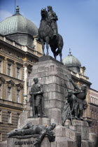 Poland, Krakow, Grunwald Monument by Marian Konieczny original by Antoni Wiwulski was destroyed in WWII on Matejko Square. Equestrian figure of King Wladyslaw Jagiello with the standing figure of Lith...