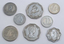 West Indies, St Lucia, Castries, Variety of Eastern Caribbean dollar coins in various cent denominations used as currency by the members of the Organisation of Eastern Caribbean States or OECS.