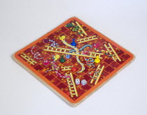 Toys, Games, Board Game, Snakes and Ladders board game with dice and counters for children against a white background.