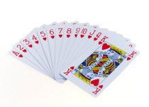 Toys, Games, Playing Cards, Cards in the suit of hearts fanned out in numerical order against a white background.