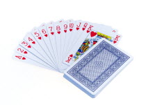 Toys, Games, Playing Cards, Cards in the suit of hearts fanned out in numerical order with the remaining deck face down against a white background.
