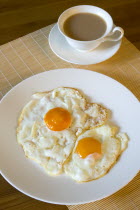 Food, Cooked, Meals, A breakfast table setting of two fried eggs on a plate beside a cup of tea in a saucer.