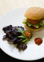 Food, Cooked, Hamburger, Single quarter pound cheeseburger with tomato and lettuce in a bun on a white plate with a leaf salad garnish and tomato ketchup sauce.