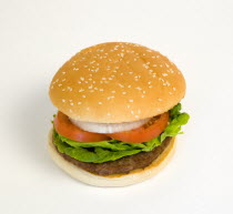 Food, Cooked, Hamburger, Single quarter pound burger with onion tomato and lettuce in a bun on a white background.