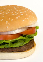 Food, Cooked, Hamburger, Single quarter pound burger with onion tomato and lettuce in a bun on a white background.