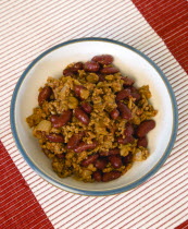 Food, Cooked, Meat, A bowl of Tex Mex chilli con carne with red kidney beans in a bowl on a table.