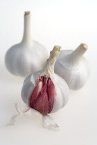 Food, Herbs, Garlic, Three bulbs of garlic Allium sativum with cloves revealed against a white background.