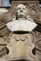Poland, Krakow, bust of Stanislaw Konarski, a Polish pedagogue, educational reformer, political writer, poet, dramatist, Piarist monk and precursor of the Polish Enlightenment on the Piarist Church of...