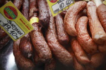 Poland, Krakow, display of sausages in Stary Kleparz market.