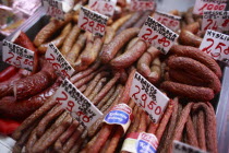 Poland, Krakow, display of cold meats in Stary Kleparz market.