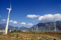 India, Tamil Nadu, Environment, Wind farm with multiple generators, Two men with cattle and goats in foreground. 