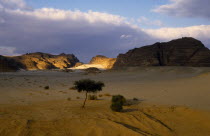 Egypt, Sinai Desert, St Catherines Monastery, View over desert landscape from the Nuweiba Road towards the monastery in the distance.