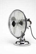 Weather, Environment, Control, Stainless Steel Retro desk or table electric cooling fan on a white background.