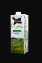 Drink, Milk, Organic, Moo semi-skimmed long life dairy milk carton against a black background.