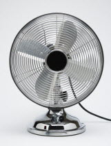 Weather, Environment, Control, Stainless Steel Retro desk or table electric cooling fan on a white background.