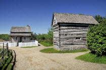 Ireland, County Tyrone, Omagh, Ulster American Folk Park, Western Pennsylvania Log House exterior.