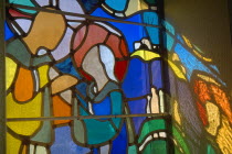 Ireland, County Sligo, Ballytivnan, Stained glass window detail in St Josephs Roman Catholic Church.