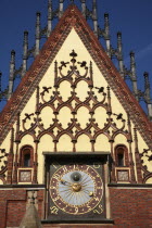 Poland, Wroclaw,Town Hall sundial with with decorative gable.