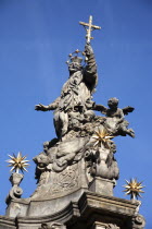 Poland, Wroclaw, baroque statue of St Jan Nepomucen St John Nepomuk made in sandstone by Johann Georg Urbansky in 1732 in front of the Church of the Holy Cross and St Bartholomew.