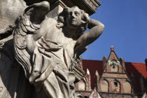 Poland, Wroclaw, detail of female figure on baroque statue of St Jan Nepomucen, St John Nepomuk, made in sandstone by Johann Georg Urbansky in 1732 in front of the Church of the Holy Cross and St. Bar...