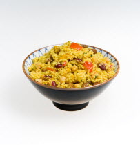 Food, Cooked, Pasta, Bowl of vegetarian couscous with fruit on a white background.