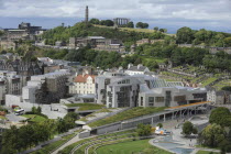 Scotland, Lothian, Edinburgh, Holyrood, View from Arthurs Seat over the new Scottish Parliament Builldings designed by Enric Miralles with Calton hill behind.