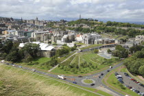 Scotland, Lothian, Edinburgh, Holyrood, View from Arthurs Seat over the new Scottish Parliament Builldings designed by Enric Miralles with Calton hill behind.