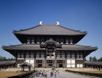 Japan, Honshu, Kinki, Region, Nara, Todaji Temple hall of the Great Buddha exterior with tourists.