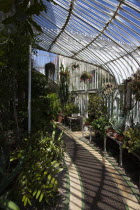 Ireland, Northern, Belfast, Botanic Gardens with people sat on benches outside the Palm House next to Queens University both designe by architect Charles Lanyon.