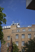 Ireland, North, Belfast, Ormeau Avenue, Exterior of the BBC television and radio with satelite dishes on the roof.