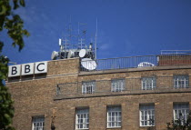 Ireland, North, Belfast, Ormeau Avenue, Exterior of the BBC television and radio with satelite dishes on the roof.