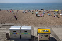 England, East Sussex, Brighton, various litter and recycling bins on the seafront.