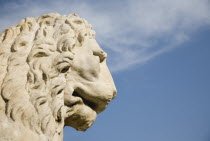 Italy, Veneto, Venice, Centro Storico, Arsenale, Head of guardian lion of free Venice statue against blue sky of late summer.