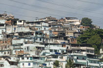 BRAZIL Rio de Janeiro Favela or slum above Centro neighbourhood - pale blue wash houses electric transmission lines some greenery