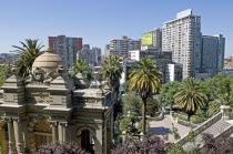 Chile, Santiago, The classical lines of the Neptune Terrace at the Cerro Santa Lucia with Chilean Palm trees and highrise apartment blocks in downtown Santiago
