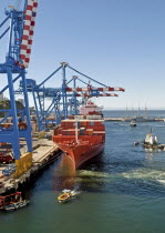 Chile, Valparaiso, Container ship at the busy container port of this UNESCO World Heritage city.