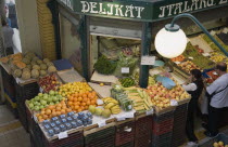 Hungary, Pest County, Budapest, looking down on stall selling fruit and vegetables at Nagy Vasarcsarnok, the Central Market.