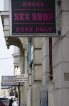 Hungary, Pest County, Budapest, sign for sex shop at the rail terminus Budapest Nyugati palyaudvar.