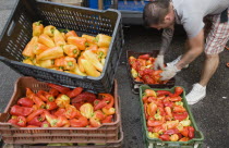 Hungary, Pest County, Budapest, man bending to pack crates with Capsicum annuum, bell peppers or chili peppers on fresh produce stall at the rail terminus Budapest Nyugati palyaudvar. When dried and g...