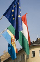 Hungary, Pest County, Budapest, EU, Hungary and Budapest flags.