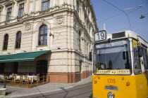 Hungary, Pest County, Budapest, tram on bank of the River Danube, Buda at approach to Chain Bridge.