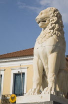 Greece, Northern Agean, Samos Island, Vathy, Lion statue in Pythagoras Square set up in 1930 to mark the centenary of the uprising against the ottoman Turkish overlords.