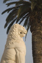 Greece, Northern Aegean, Samos, Vathy, Lion statue in Pythagoras Square, set up in 1930 to mark the centenary of the uprising against the Ottoman Turkish.
