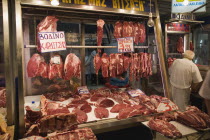 Greece, Attica, Athens, Central Market,  Display of meat on butchers stall in covered market.