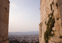 Greece, Athens, Acropolis Propylaea gate and view over city looking north.