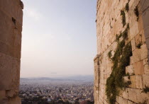 Greece, Athens, Acropolis Propylaea gate and view over city looking north.