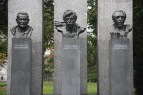 Austria, Vienna, Monument of the Republic with the busts of Jakob Reumann, Victor Adler and Ferdinand Hanusch.