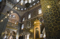 Turkey, Istanbul, Sultanahmet, The New Mosque or Yeni Camii. Tiled and highly decorated interior.